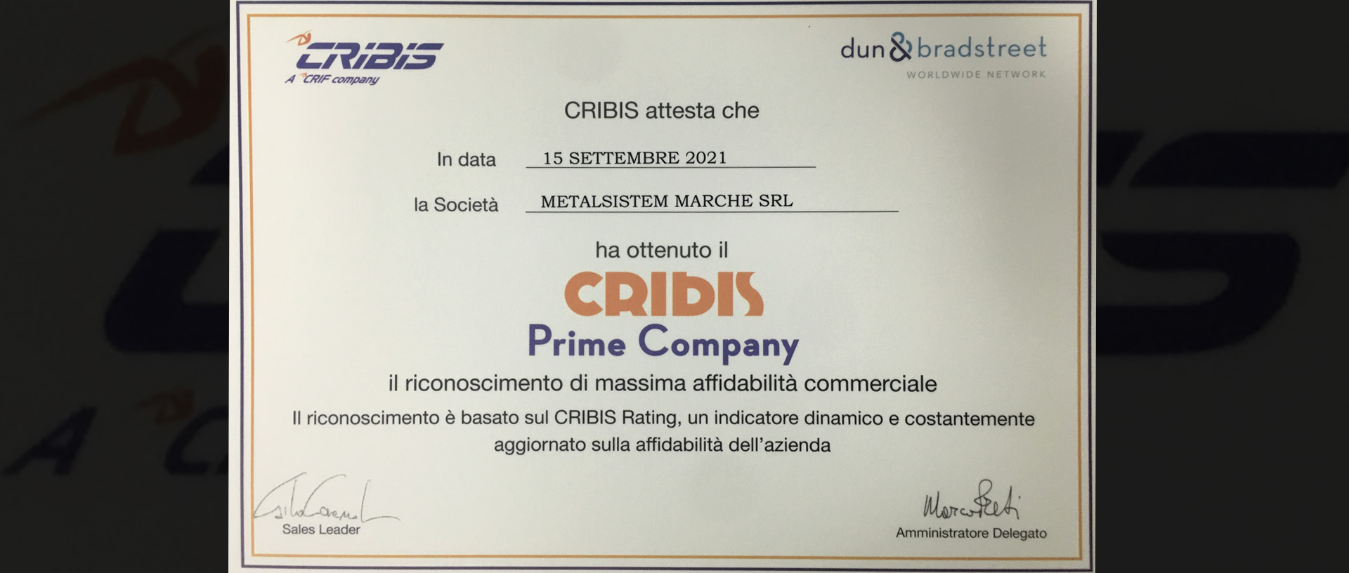 Metalsistem Marche riceve il prestigioso riconoscimento Cribis Prime Company